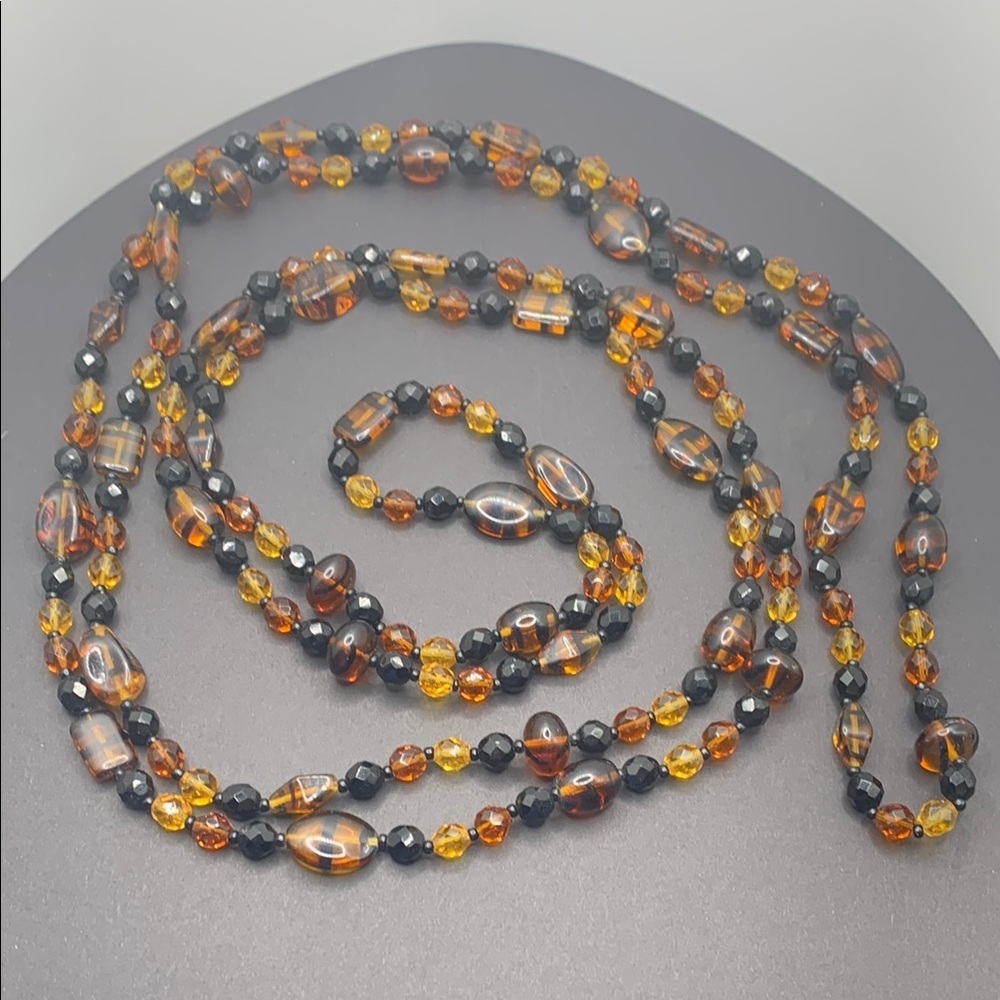 Long Vintage‎ Amber Yellow and Black Color Glass Beaded Necklace 86” Flapper